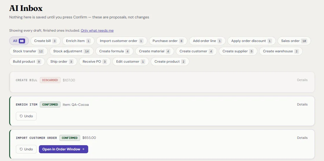 The AI Inbox screen: a list of AI-proposed actions such as create bill, enrich item and import customer order, each marked discarded or confirmed, with Undo buttons on confirmed ones.